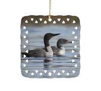 Loon Birds Ceramic Christmas Ornament Xmas Tree Hanging Pendant Double Sided Pattern Festive Square Ornament Holiday Home Party Decoration Gifts