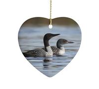 Loon Birds Ceramic Christmas Ornaments Personalized Heart Porcelain Hanging Pendant Double-Sided Printing Xmas Tree Ornament for Holiday Keepsake Gifts 3 Inch