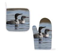 Loon Birds Oven Mitts & Pot Holders Set - 2 Pcs Heat Resistant Oven Gloves with Hanging Loop, Kitchen Potholder for Cooking, Baking, BBQ, Microwave