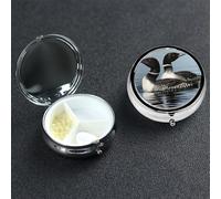 Loon Birds1 Pill Box 3 Compartment Waterproof Pill Container with Mirror Metal Medicine Box Organizer Portable Vitamin Case for Pocket & Purse Travel - Round