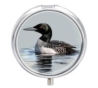 Loon Nature Bird Metal Pill Organizer, 3 Compartment Waterproof Pill Case with Mirror for Purse Pocket Bag, Daily Medicine Vitamin Holder, Portable Travel Med Container(Round)