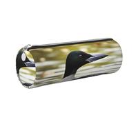 Loon Nature Bird Printed Leather Pencil Case Cute Stationery Organizer Round Makeup Bag Pen Pouch, Silver Zipper