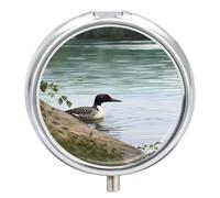Loon Nature Birds Travel Pill Box Case 3 Compartment Cute Pill Organizer Metal Pill Holder with Mirror Small Medicine Organizer Daily Pill Container for Purse Pocket Portable Meds Box
