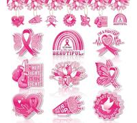 LOONELO Breast Cancer Awareness Hanging Ornaments, 18pcs Pink Ribbon Cardstock Pendants with Hope Faith Strength Courage Words, Charity Women Support Decorations for Car Mirror, Tree, Fundraiser Event