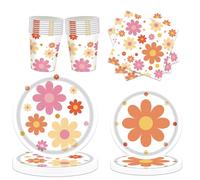LOONELO Daisy Flower Party Tableware Set, 68pcs Daisy Flower Paper Plates Napkins Cups, Two Groovy Disposable Party Supplies Decorations for Baby Shower Birthday Wedding Seasonal Holiday