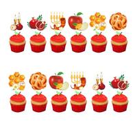 LOONELO Rosh Hashanah Cupcake Toppers, 36pcs Shana Tova Picks with Pomegranates, Menorah & Honeypot Designs, Jewish New Year Party Table Decorations Supplies