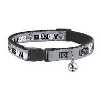 Looney Tunes Cat Collar, Breakaway Collar with Bell, Bugs Bunny Smiling Face Text Gray, 8.5 to 12 Inches 0.5 Inch Wide