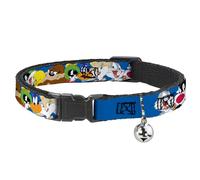 Looney Tunes Cat Collar, Breakaway Collar with Bell, Looney Tunes Seven Character Faces Stacked Blue, 8.5 to 12 Inches 0.5 Inch Wide