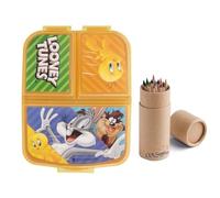 Looney Tunes Heroes Reusable Sandwich Lunch Box 3 Multi Compartment Kids Children School Includes Half Size 12pcs Pencil Set (Looney)