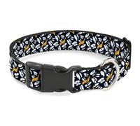 Looney Tunes Pet Collar, Dog Collar Plastic Buckle, Daffy Duck Expression and Eyes Scattered Black White, 13 to 17 Inches 1.5 Inch Wide