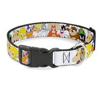 Looney Tunes Pet Collar, Dog Collar Plastic Buckle, Looney Tunes Nine Character Faces White, 8.5 to 12 Inches 0.5 Inch Wide
