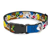 Looney Tunes Pet Collar, Dog Collar Plastic Buckle, Looney Tunes Seven Character Faces Stacked Blue, 9.5 to 14.5 Inches 0.5 Inch Wide