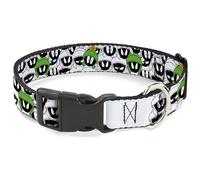 Looney Tunes Pet Collar, Dog Collar Plastic Buckle, Marvin The Martian Faces Stacked White Black Full Color, 13 to 17 Inches 1.5 Inch Wide