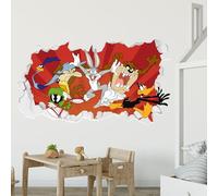 Looney Tunes Wall Sticker - Group Jumping Out of Broken Wall Decal Art (60cm Width x 35cm Height)