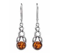 Looped Celtic Knot Baltic Honey Orange Amber 925 Sterling Silver Earrings - Long Celtic Top Dangly/Dangle Drop Stud Earrings - Amber Jewellery for Women. 070087C