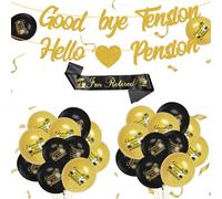 LOOPES 22pcs Retirement Party Decorations, Black Gold Banner Balloons, I'm Retired Sash, Office Farewell Supplies - Goodbye Tension Hello Pension