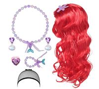 LOOPES 7Pcs Mermaid Costume Wig Set,Princess Red Long Curly Wig Hair with Mermaid Tail Necklaces Jewellery Accessories Dress Up Little Mermaid Gifts for Girls Kids Cosplay Christmas Halloween Birthday