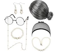 LOOPES 7Pcs Old Lady Costume Set Grey Grandma Wig Granny Fancy Dress Kit Grandmother Cosplay Accessory with Full-Moon Glasses Bracelet Pearl Necklace for Halloween World Book Day Masquerade Carnival