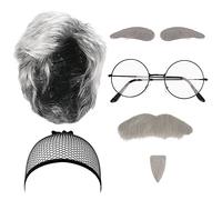 LOOPES 7pcs Old Man Costume Accessories Grandpa Costume Set Grandfather Fancy Dress Kit with Gray Mustache Eyebrows Wigs&Cap Glasses for Halloween World Book Day Party Retro Stage Cosplay