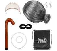 LOOPES 9Pcs Gangster Granny Wig Set Grey Old Lady Wig Grandma Wigs Gangster Granny Fancy Dress Kit Old Lady Costume Accessories World Book Day Burglar Robber Gangster