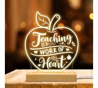 LOOPES Apple-Shaped Teacher Night Light, USB Powered, Engraved 'Teaching is a Work of Heart', Acrylic, Transparent