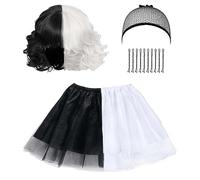 LOOPES Cruella Deville Costume Kids,Cruella Costume Wig Accessories Black and White Wig With Skirt Cruella Halloween Wigs Carnival Cosplay Fancy Dress For Kids