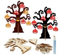LOOPES Halloween Tree,6 Set Halloween Tree Decorations With Pumpkin Wood Slices, Painting Brushes and Silver Threads Unfinished Wood Diy Ornaments Crafts for Kids Halloween Decoration