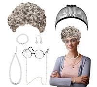 LOOPES Old Lady Cosplay Set Old Lady Fancy Dress With Granny Wig,Wig Cap,Fancy Dress Glasses&Pearl Accessories for Halloween Party Retro Stage Cosplay World Book Day Costume Accessories