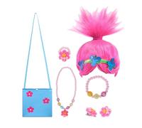 LOOPES Trolls Poppy Costume Wig Set,Girl Pink Wigs with Necklaces Jewellery Accessories Flower Blue Cloth Bag Trolls Band Together Hair Pops Dress Up Gifts for Girls Kids Birthday Cosplay Halloween