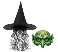 LOOPES Witch Hat with Hair Halloween Witch Mask Green Goblin Witch Mask Old Woman Witch Costume Accessory Horror Mask Halloween Cosplay Carnival Party Festival Fancy Dress