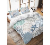 LooPoP Comforter Sets Queen Size Nautical Coastal Ocean Coral Soft Bedding Duvet Cover Sets 3 Pieces Beach Themed Blue Teal Bedding Set with Comforter Quilt Cover and 2 Pillow Cases Bedroom Decor