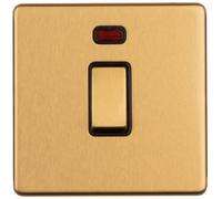 Loops 1 Gang 20A Single Light Switch & Neon Screwless Satin Brass 2 Way Rocker Plate