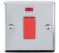 Loops 1 Gang 45A Oven Cooker Switch & Neon - Polished Chrome & Grey Trim Rocker Dp