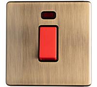 Loops 1 Gang Single Screwless 45A Switch & Neon Antique Brass & Black 3mm Oven Plate