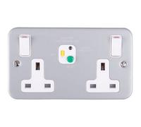 Loops 2 Gang Double 13A Swithed Uk Plug Socket - 30Ma Passive Rcd Safety - Metal Clad