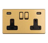 Loops 2 Gang Double 13A Uk Plug Socket & 2.1A Usb-A Charger Screwless Satin Brass