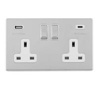 Loops 2 Gang Double 13A Uk Plug Socket & 2X 3.1A Usb-C Usb-A Screwless Chrome Charger