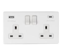 Loops 2 Gang Double 13A Uk Plug Socket & 2X 3.1A Usb-C & Usb-A Screwless Matt White