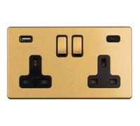 Loops 2 Gang Double 13A Uk Plug Socket & 2X 3.1A Usb-C & Usb-A Screwless Satin Brass