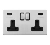 Loops 2 Gang Double 13A Uk Plug Socket & 2X 3.1A Usb-C & Usb-A Screwless Satin Steel