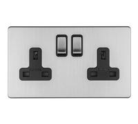 Loops 2 Gang Double Dp 13A Switched Uk Plug Socket Screwless Satin Steel Wall Power