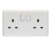 Loops 2 Gang Double Pole 13A Switched Uk Plug Socket - White Plastic Wall Power Outlet