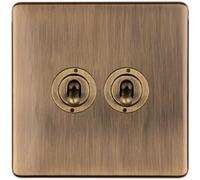 Loops 2 Gang Double Retro Toggle Light Switch Screwless Antique Brass 10A 2 Way Lever
