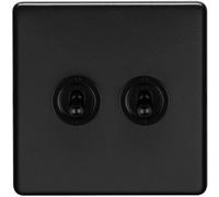 Loops 2 Gang Double Retro Toggle Light Switch Screwless Matt Black 10A 2 Way Lever