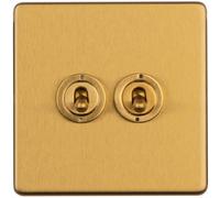Loops 2 Gang Double Retro Toggle Light Switch Screwless Satin Brass 10A 2 Way Lever