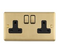 Loops 2-Gang Double Switched Uk Socket - Satin Brass With Black Insert, 13A