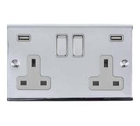 Loops 2 Gang Double Uk Plug Socket & 2.1A Usb-A Charger Chrome & Grey 13A Switched