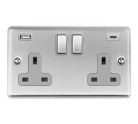 Loops 2 Gang Double Uk Plug Socket & 2X 3.1A Usb-C & A Satin Steel & Grey 13A Switch