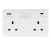 Loops 2 Gang Double Uk Plug Socket & Dual 3.1A Usb-C & A White Plastic 13A Switched