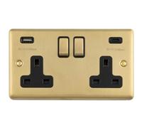 Loops 2-Gang Double Uk Socket With Dual 3.1A Usb-C & Usb-A Satin Brass/black 13A Switched